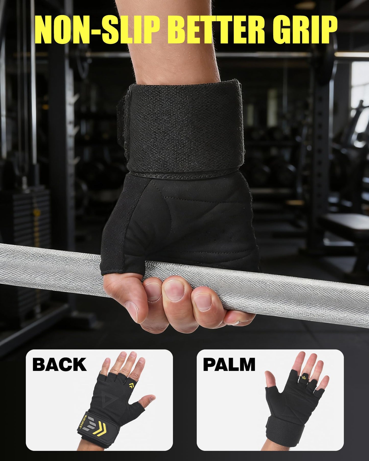 FitDA 2-in-1 Workout Gloves, Weight Lifting Gloves with Wrist Wrap Support for Men & Women, Ventilated Fingerless Padded Gym Glove for Weightlifting Pull-Ups & Fitness Training, M