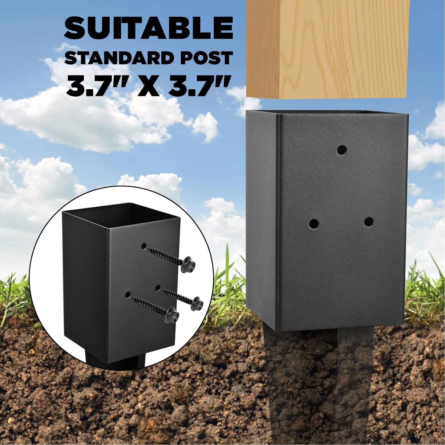 Fence Post Anchor 4''x4'', Heavy Duty Metal Fence Post Anchor Ground Spike 36''x4''x4'' for Fence, Mailbox, Bird feeder, Decking, Banner, with The Black Powder Coating Cover on The Surface (Set 8)