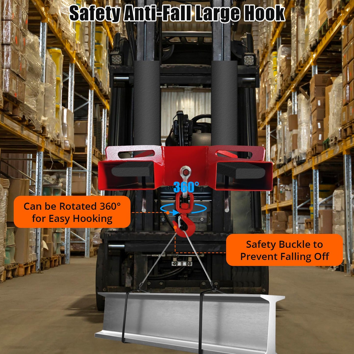 GarveeTech Universal Forklift Lifting Hook 6600 LBS Load Capacity, Forklift Lifting Hoist with Swivel Hook and 2 L-Screws for Fixation