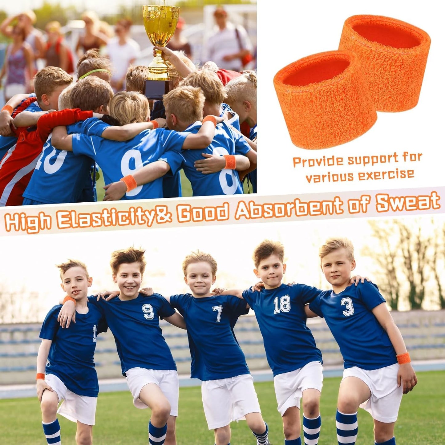 Leyndo 72 Pcs Wrist Sweatbands Bulk for Kids Field Day Terry Cotton Sweat Bands Sports Wristbands Kids for Summer Camp Student Football Team Competition Party (Orange)