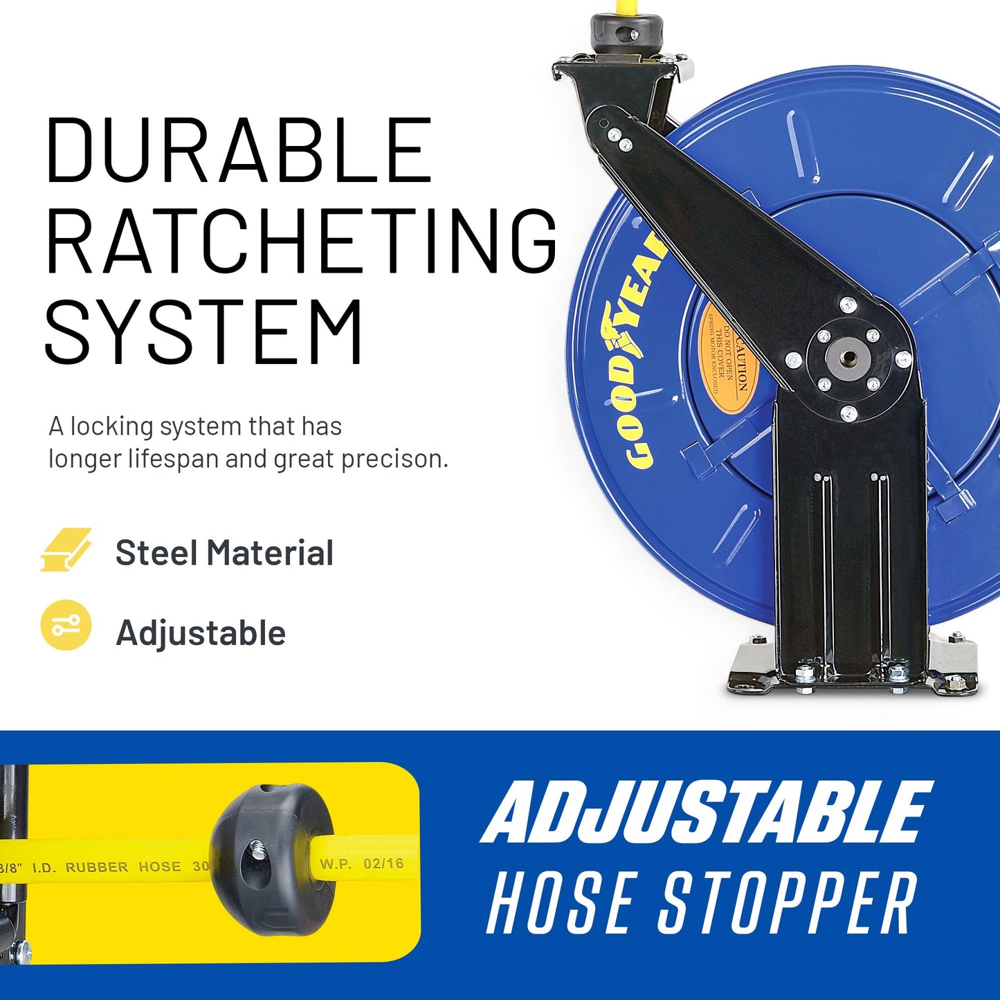 GOODYEAR Air Hose Reel Retractable 3/8" Inch x 50' Feet Long Premium Commercial SBR Hose Max 300 Psi Reinforced Steel Construction Heavy Duty Spring Driven Industrial Dual Arm & Pedestal