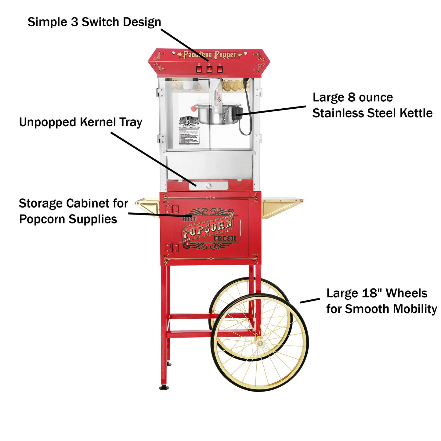 Pasadena Popcorn Machine with Cart- Popper Makes 3 Gallons- 8-Ounce Kettle, Old Maids Drawer, Warming Tray & Scoop by Great Northern Popcorn (Red)