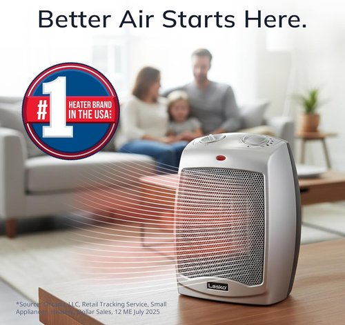 Lasko Electric Ceramic Space Heater - Adjustable Thermostat, 2 Heat Settings, 9.2 Inches, Silver
