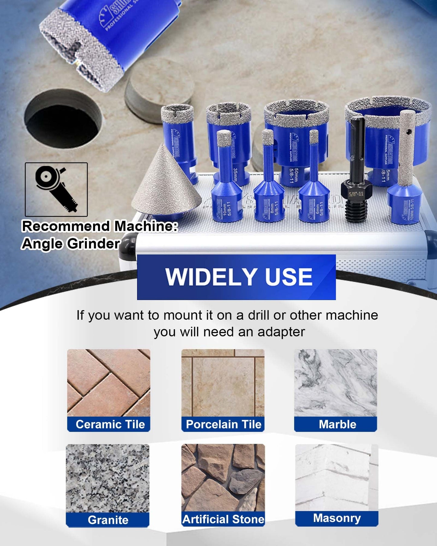 SHDIATOOL Diamond Drilling Core Bits Set Chamfer Bits for Porcelain Tile Marble Ceramic Granite Milling Kit 5/8"-11 10pieces