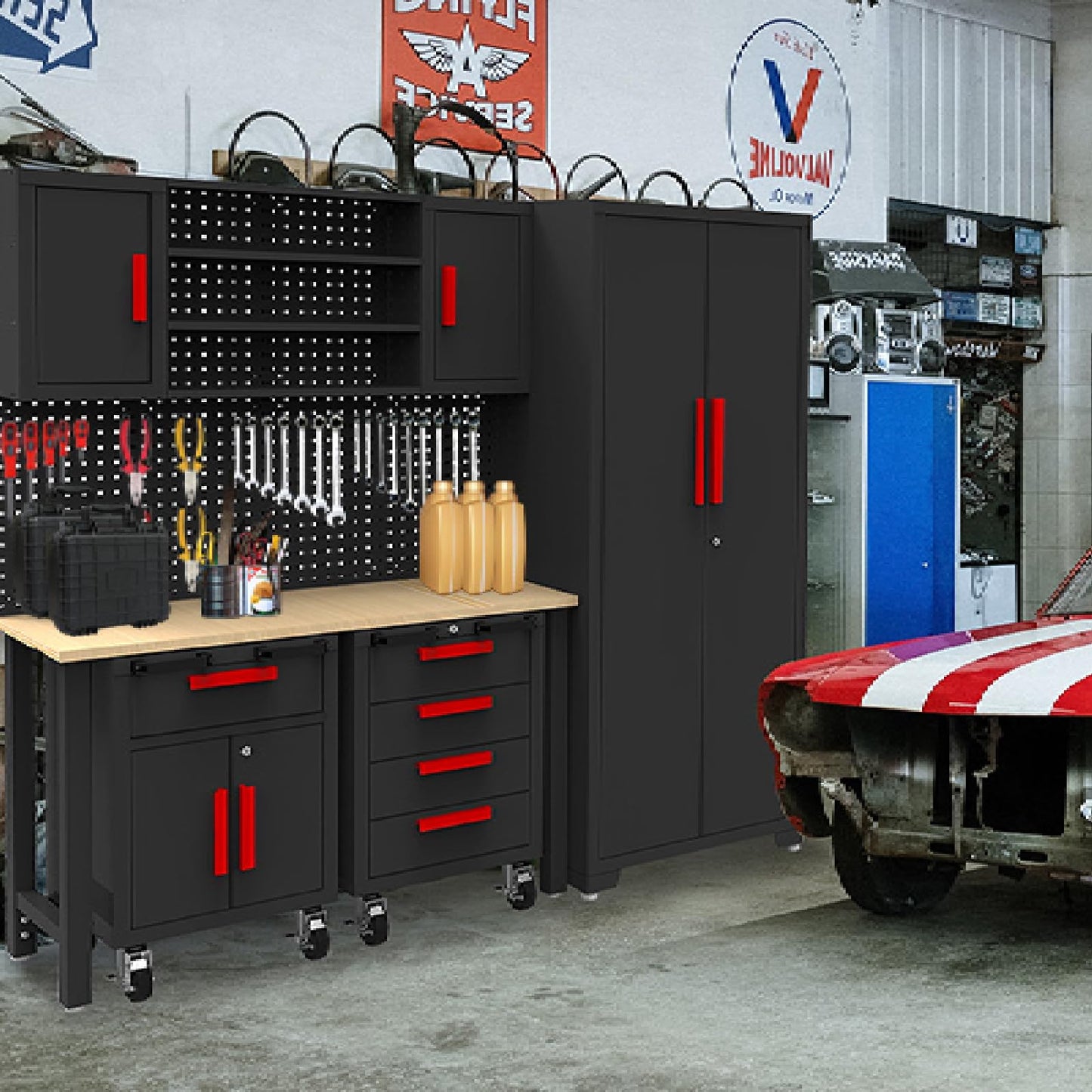 Big RED Garage Storage Cabinets System, 6-Pcs Workshop Cabinet Set in Black, Included Steel Cabinets Drawers Rolling Chest and Pegboard,Locked Garage Storage Cabinet