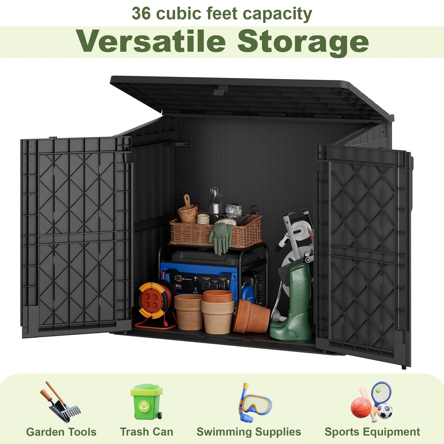 WTFGO 36 Cu Ft Resin Outdoor Storage Shed, Weatherproof Horizontal Outdoor Storage Cabinet with Dual Lock Door for Backyard, Patio, Garage, Garden(Black)
