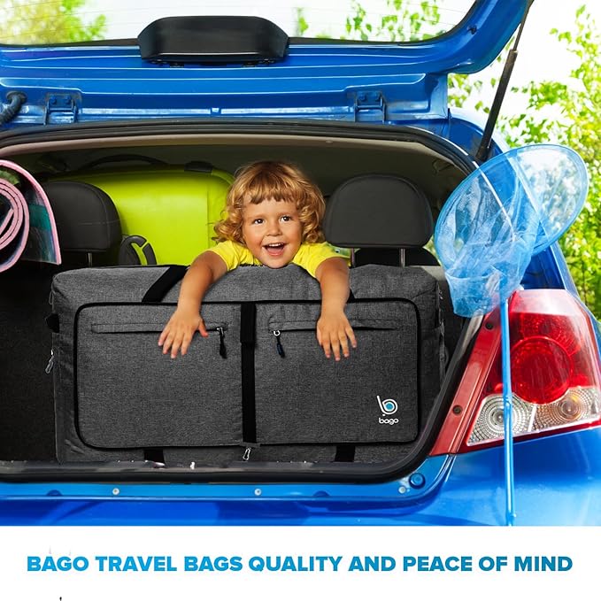 Bago Large Foldable Duffel Bags for Traveling Women & Men - 100L Packable Duffle Bag for Travel with Shoe Compartment - Water Repellant, Heavy Duty, Lightweight Folding & Collapsible (SnowBlack)