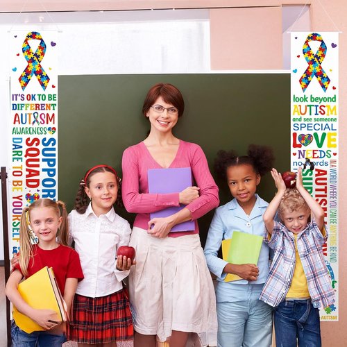 DoubleFill Autism Awareness Banners - 2 Pcs Puzzle Piece Door Decorations for Indoor/Outdoor Use