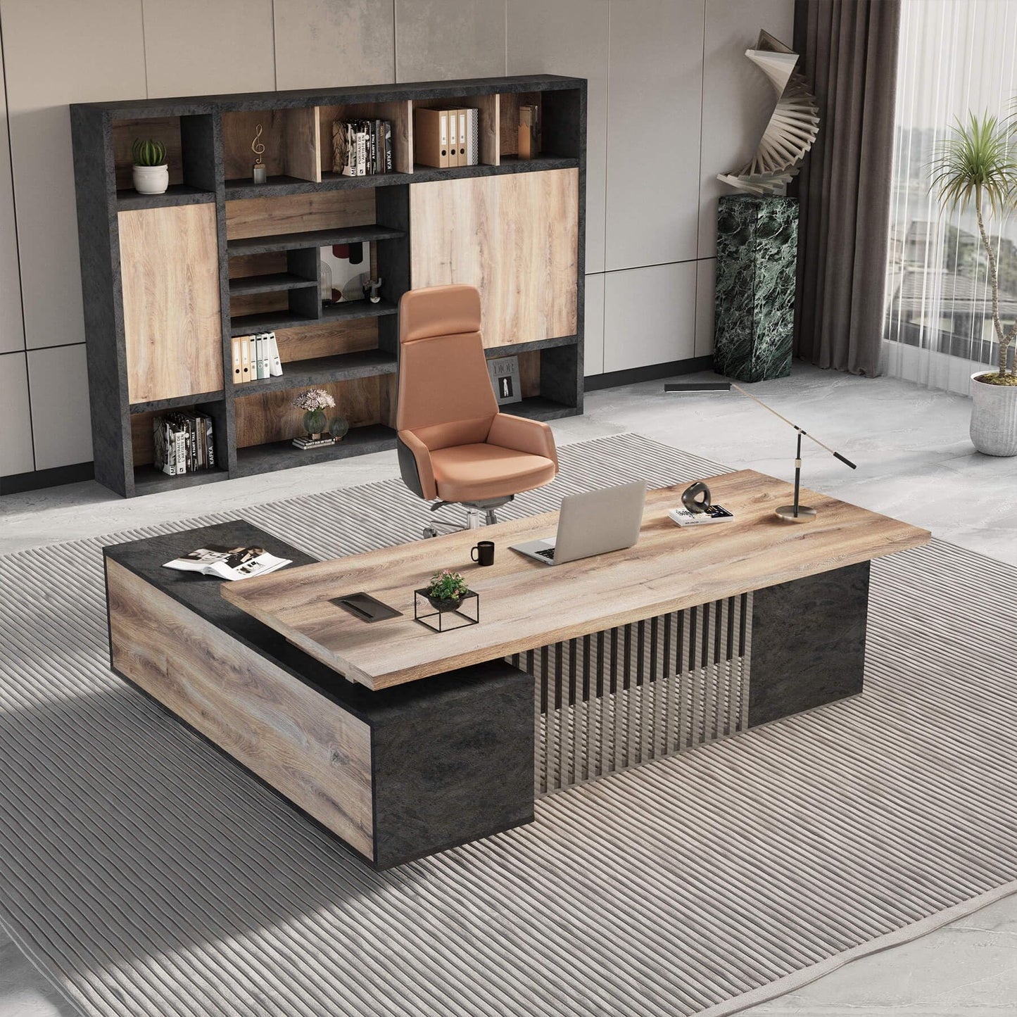 ONNAHOMEStlyle Executive Desk with Privacy Panel, Large Office Desk for Small Business, Computer Desk with Drawers & Storage Cabinets, Thick One-Piece Tabletop (Right Return, 78.7")
