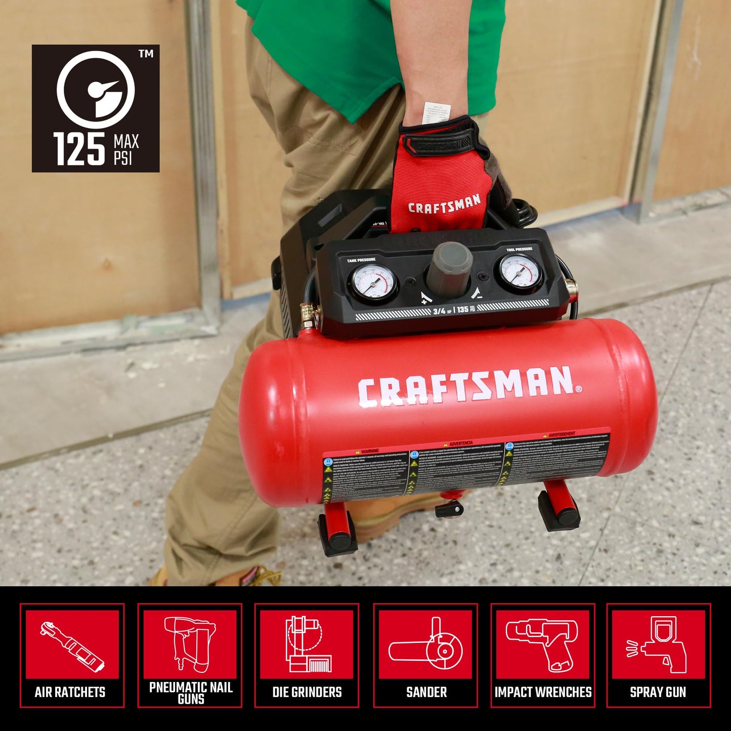 CRAFTSMAN Air Compressor, 1.5 Gallon, 3/4 HP, Max 125 PSI, 1.5 CFM@90psi, Fast Fill Air Compressor, Oil-Free, Portable Air Compressor for DIY Workshop,Spray Painting, Tire Inflation