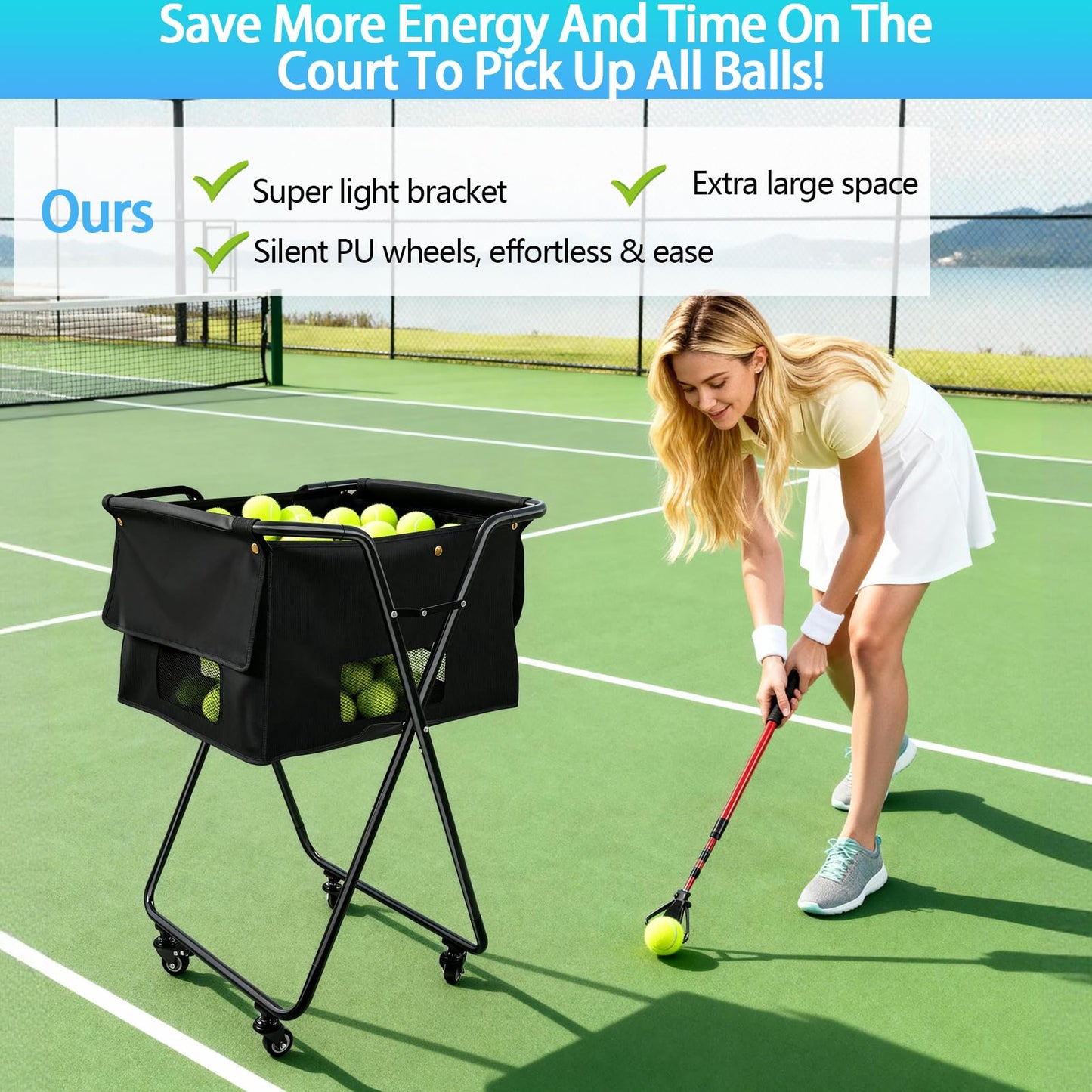 PRIJESSE Foldable Tennis Ball Hopper, Holds 170 Balls, Large Capacity Tennis Ball Hopper with Wheels for Baseball Softball Pickleball Training