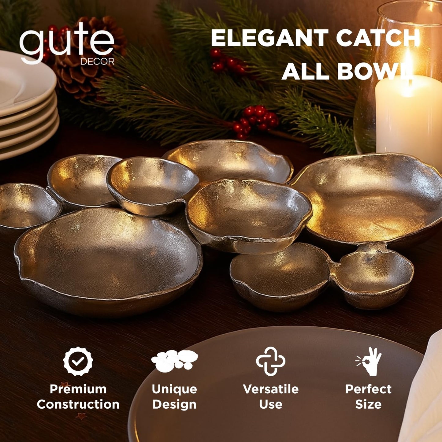 9 Cluster Decorative Bowls Bright Silver Snack Tray Bowl Chip & Dip Serving Piece Strong Brass Centerpiece Beautiful Room Accent & Entertaining Parties Home Decor Wedding Gifts 22 Inch Decorative Gift