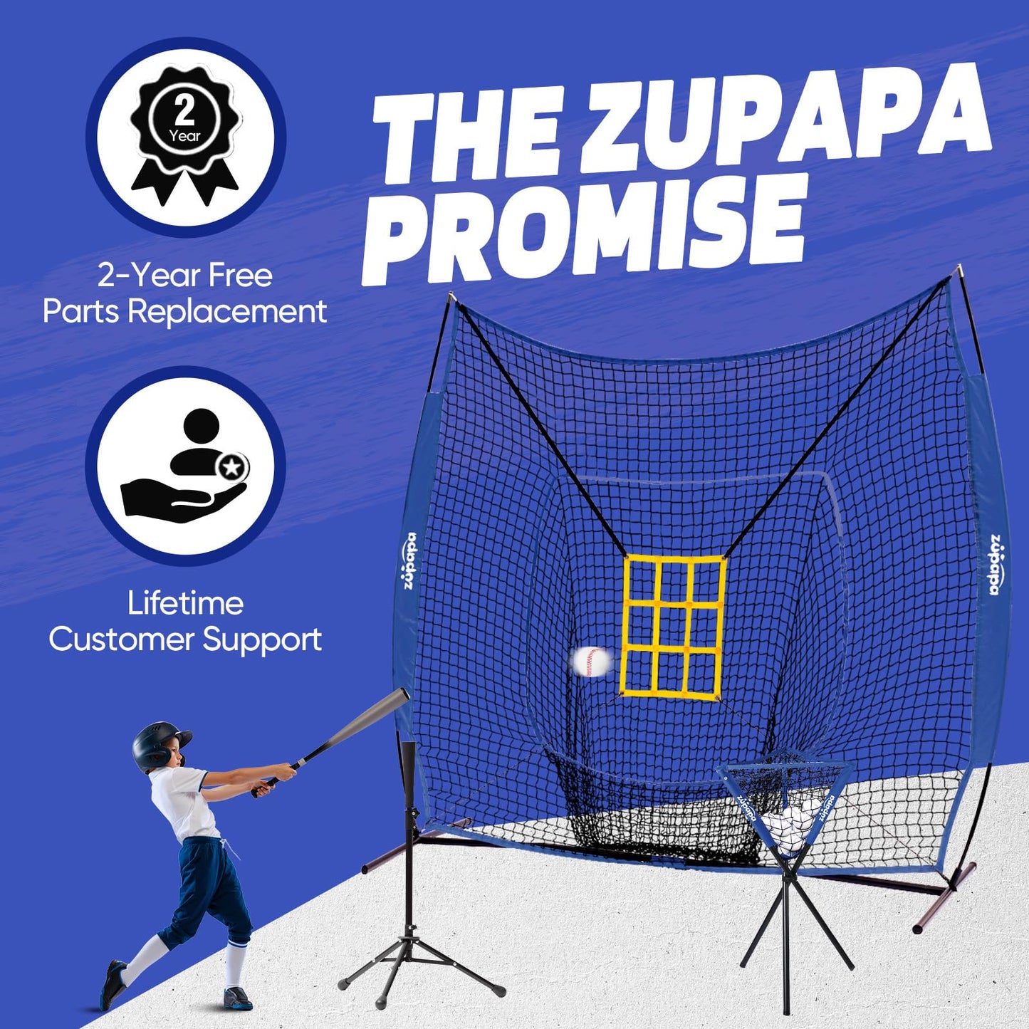 Zupapa 7x7 Feet Baseball Softball Hitting Pitching Net Tee Caddy Set with Strike Zone, Baseball Backstop Practice Net for Pitching Batting Catching for All Skill Levels (Blue)