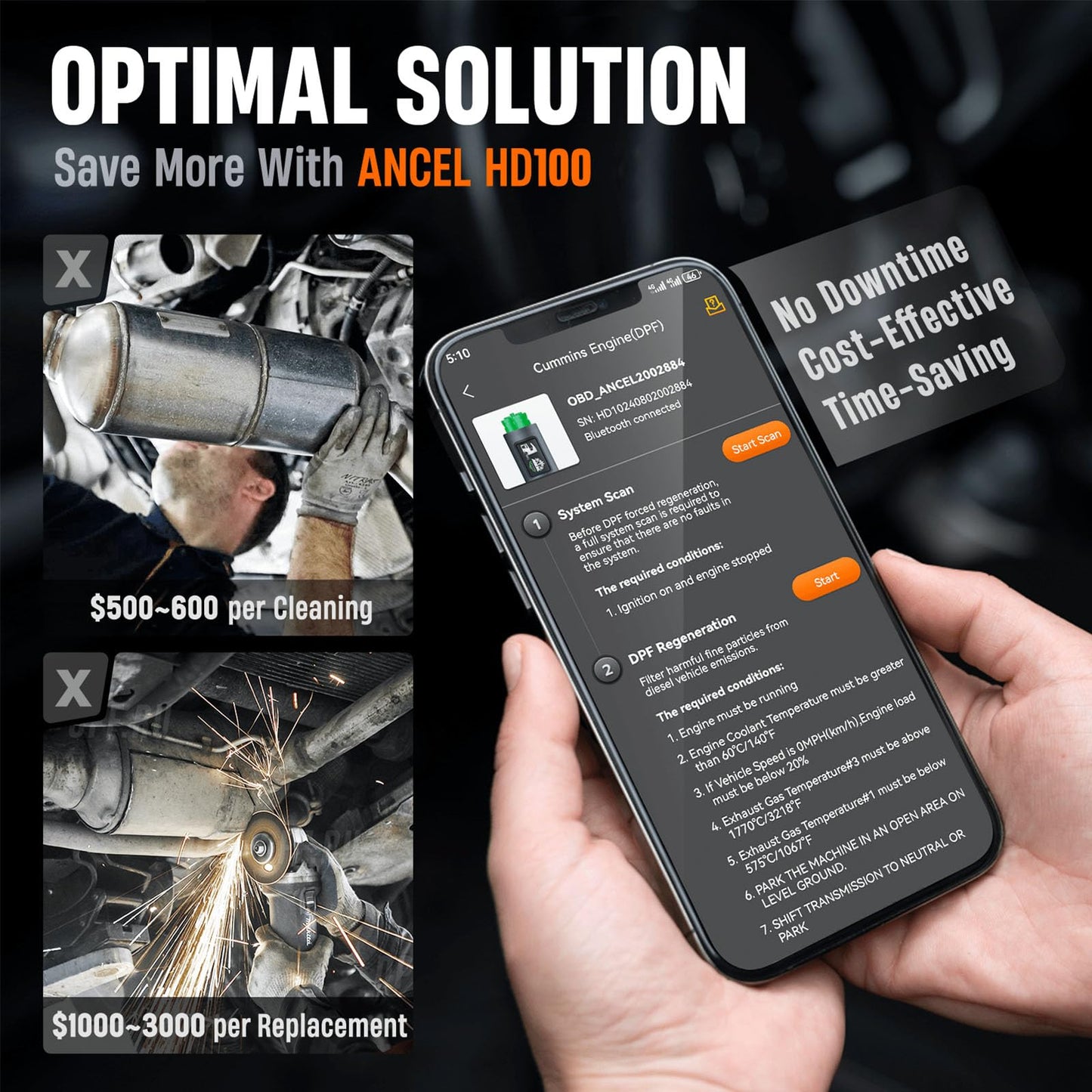 ANCEL HD100 Heavy Duty Truck Scanner with DPF Regen for Cummins & CAT Engines, Bluetooth Diesel Diagnostic Tool with All-System Scan, HDOBD & OBD2 Code Reader for Semi Trucks, Lifetime Free Updates
