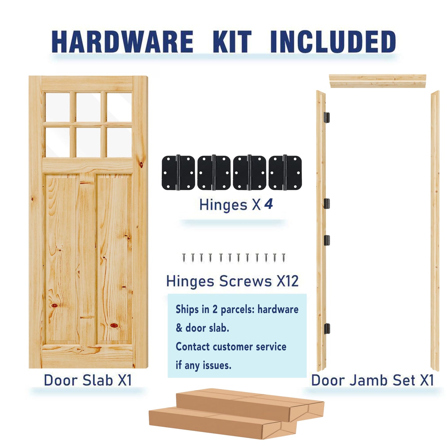 Lakenyon Front Door 30" x 80", 6-Lite Clear Glass Exterior Prehung Door, Left-Hand Inswing Entry Door, Solid Wood Frame, Door Slab + Prehung Door Jamb Kit with 4 Black Hinges, Waterproof Primer