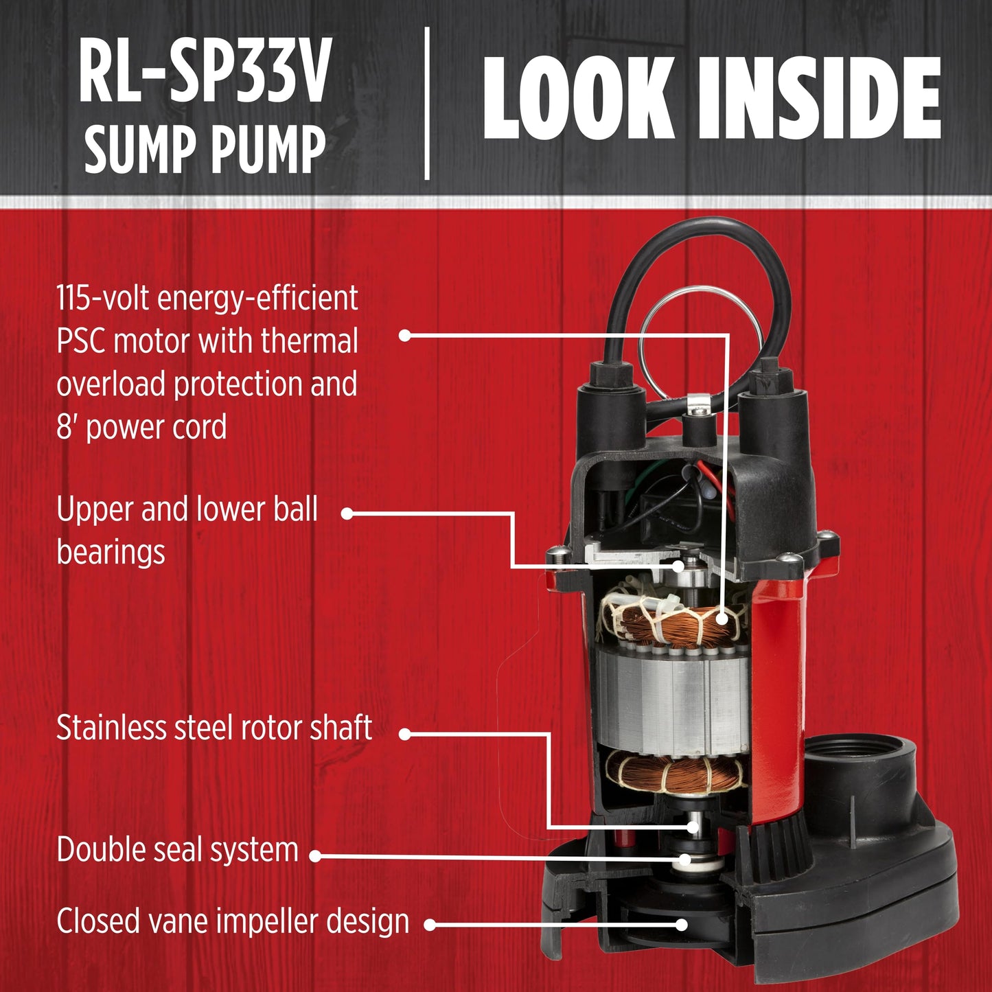 Red Lion RL-SP33V 115-Volt, 1/3 HP, 3200 GPH Aluminum and Thermoplastic Sump Pump with Vertical Switch and 8-Ft. Cord, Red, 14942741