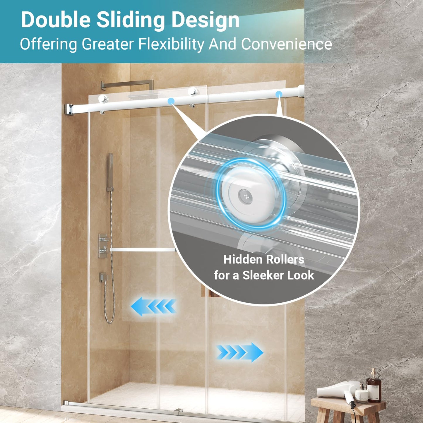 BATHWILLER 44"-48" W x 76" H Double Sliding Shower Door, 5/16" (8mm) Clear Tempered Glass Frameless Shower Door with Nano Easy Clean Coating, Stainless Steel Hardware, Chrome
