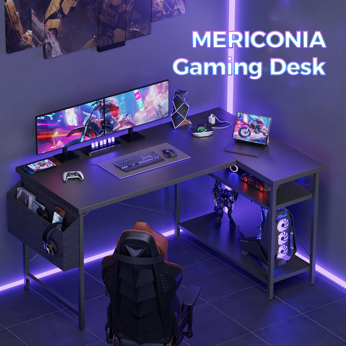Mericonia Small L Shaped Computer Desk with Power Outlets, Reversible Gaming Desk with Storage Shelves, Corner Gamer Desk Table, Study Writing Table