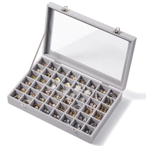 48 Grid Earring Organizer and Storage: Velvet Jewelry Tray with Lid, Jewelry Box for Studs, Earrings, Rings, Necklaces, Dresser & Vanity, Earrings Case Organizer for Girls, Women, 13"x8.6"x2.4", Grey