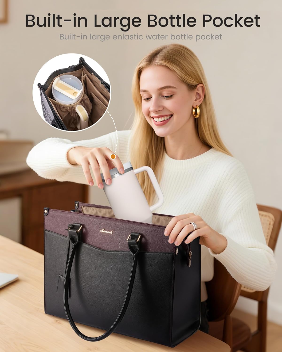 2-in-1 LOVEVOOK Laptop Bag for Women, Tote Purse with Clutch & Cup Holder, Waterproof Briefcase for Work Travel