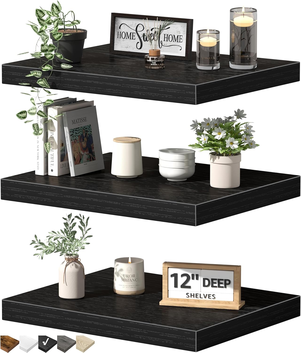 QEEIG Floating Shelves - 12" Deep Wall-Mounted Bookshelf Set of 3 for Bathroom, Bedroom & Kitchen - Black