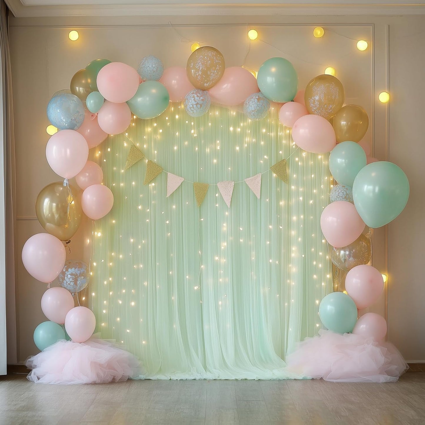 10FT 10FT (2 5x10FT) Fomcet Sage Green Tulle Backdrop Curtains with Lights String X Sheer Curtain with Lights Tulle