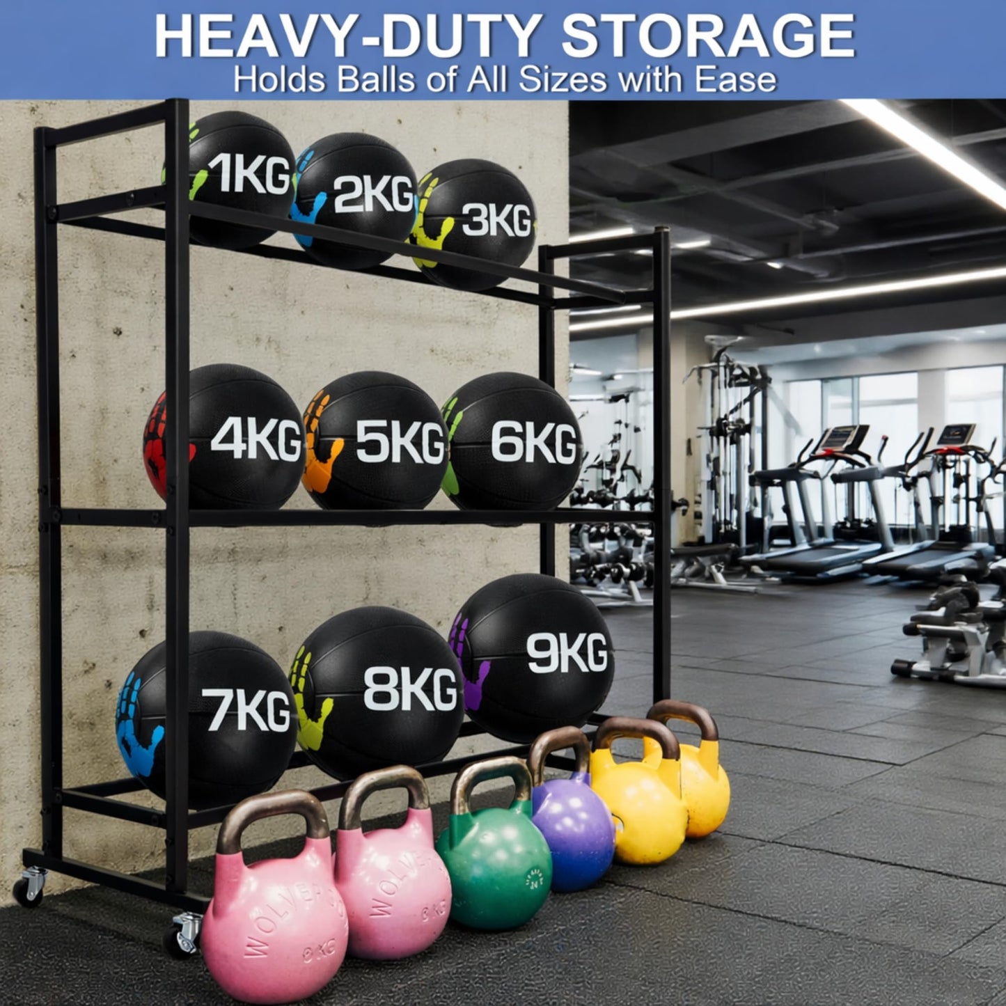 DECORDEEP Medicine Ball Rack, Heavy Duty Medicine Ball Storage Stand, Rolling Med Ball Holder and Organizer for Home, Gym