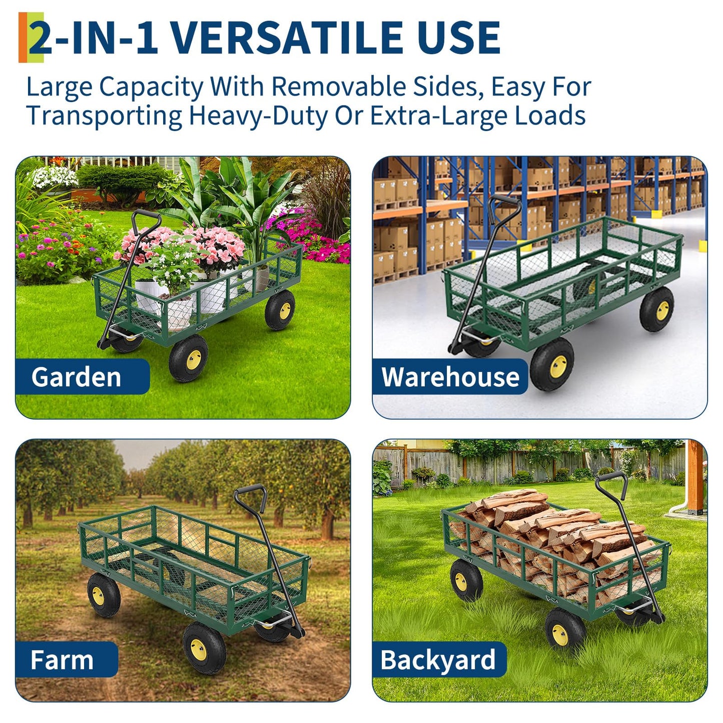 900 lbs Steel Garden Dump Cart with 10" Pneumatic Tires, Heavy Duty Yard Cart with 180°Rotating Handle & Removable Mesh Sides, Utility Dump Wagon for Lawn Farm Backyard, Green Black & Yellow