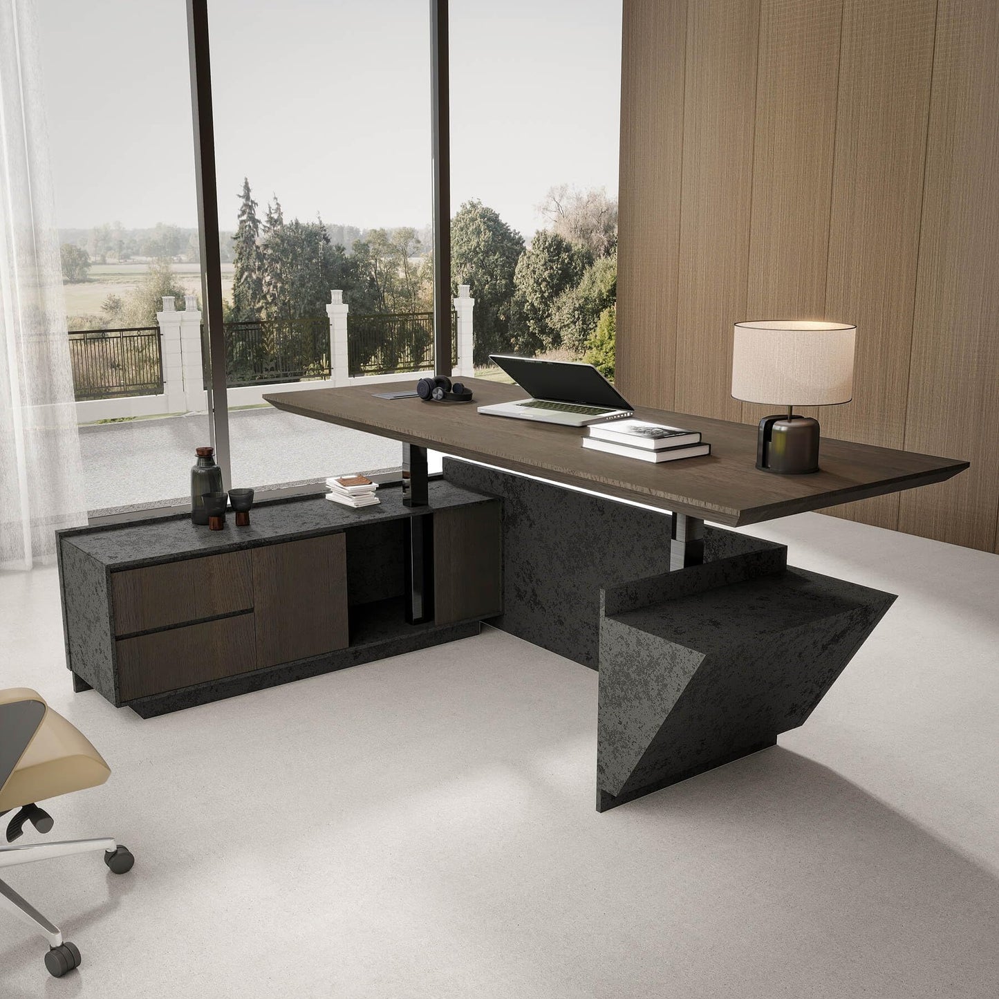 SAINTCY 94.5in Adjustable Executive Desk - Luxury L Shaped Desk with Drawers, Large Table with File Cabinets, Executive Office Desks with LED Light Strip Home Office Desk for Professionals
