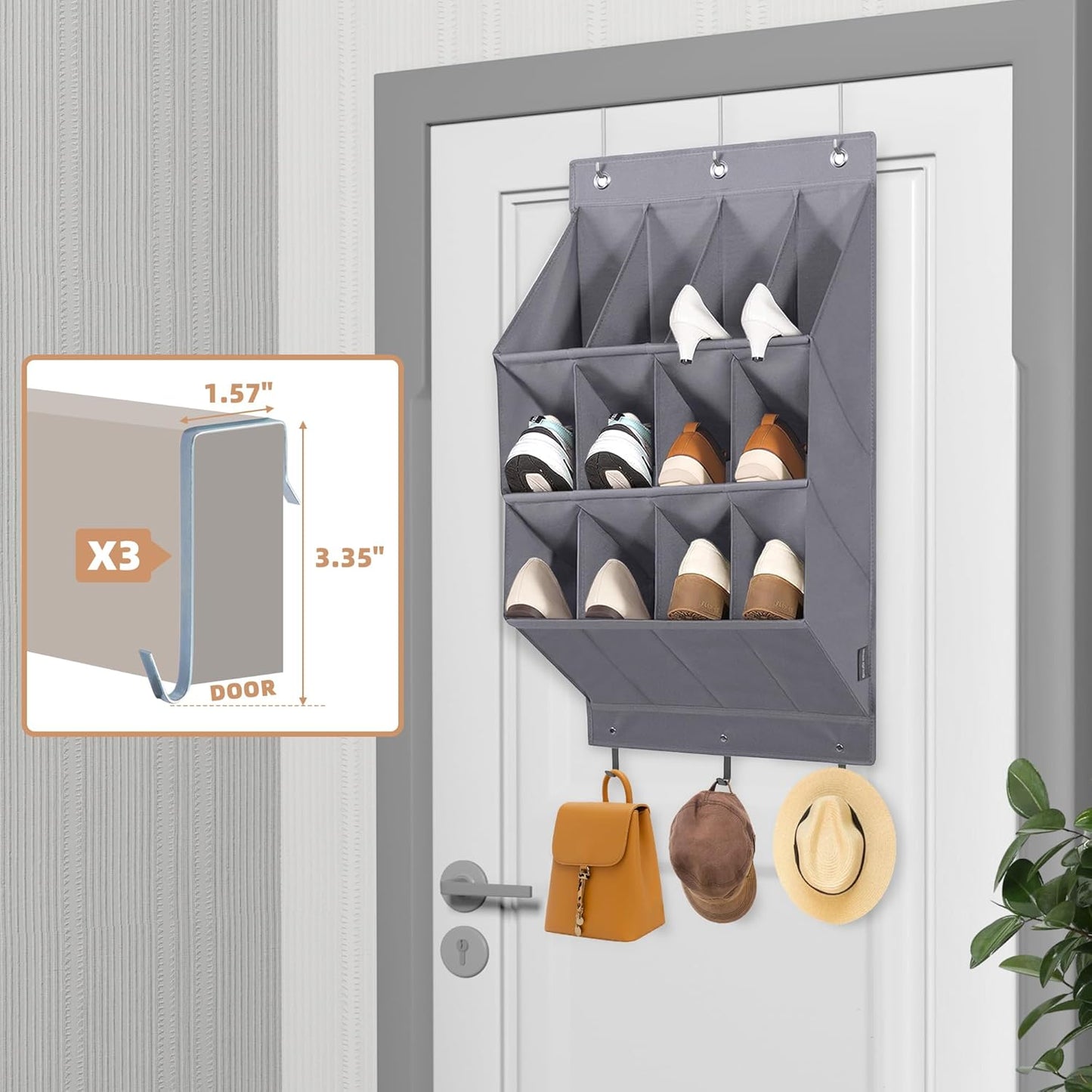 Storage Maniac Over Door Shoe Organizer - 12 Large Pockets for Efficient Closet Storage | Grey