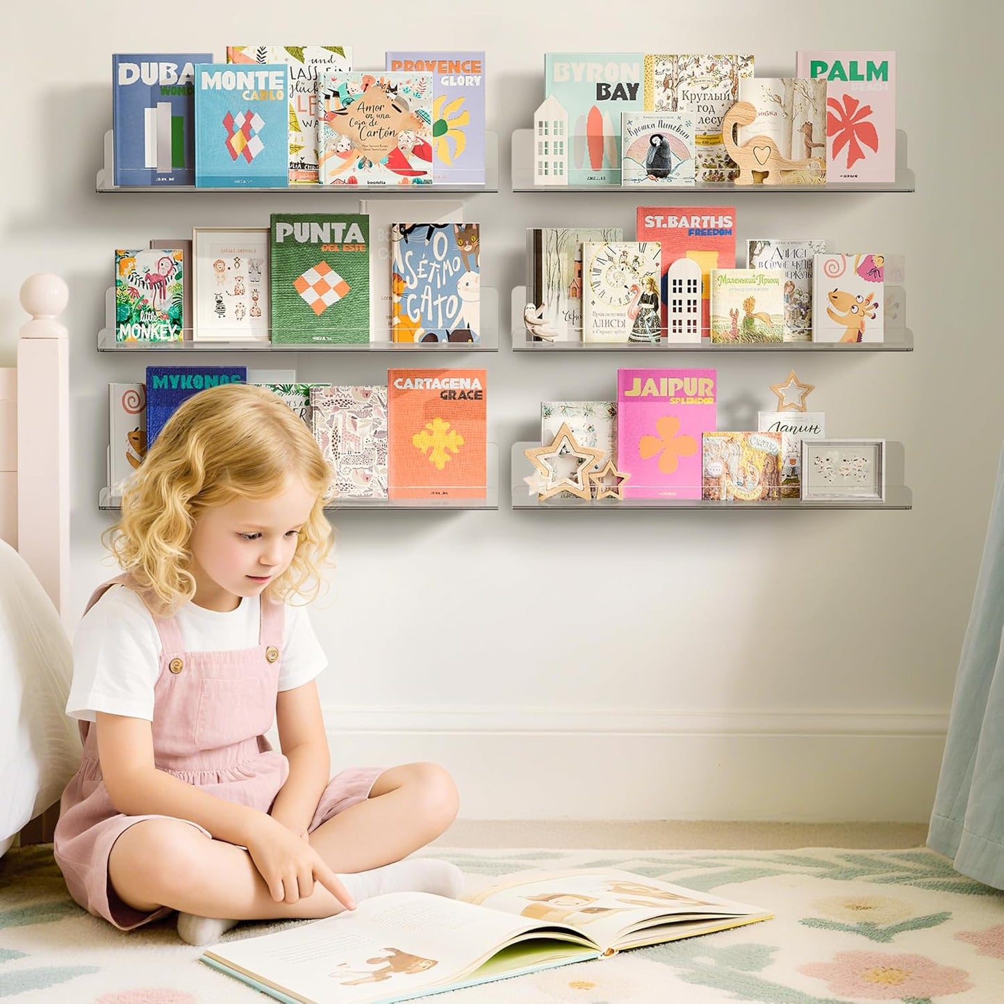 Upsimples 6 Pack Acrylic Floating Shelves - 15" x 4" Wall Storage for Kids' Rooms, Clear Display Organizers