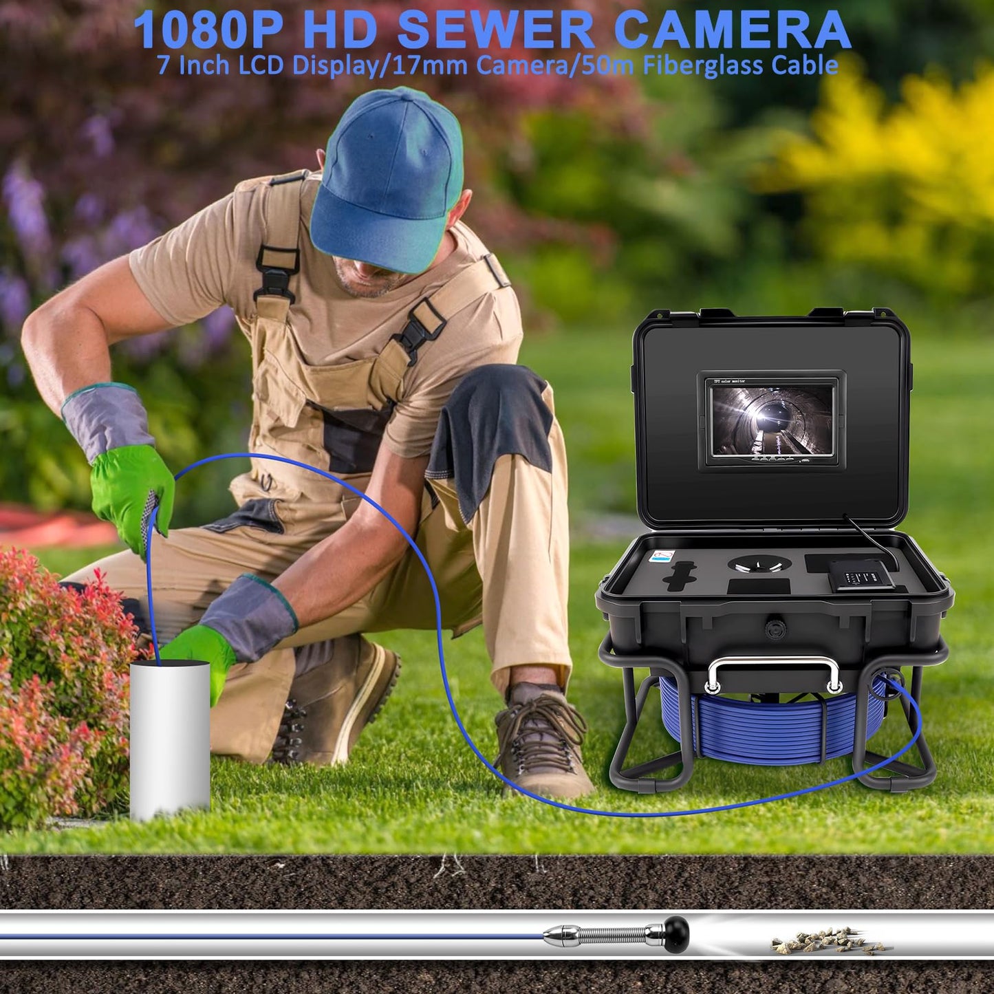 Sewer Camera,Pipe Drain Inspection Camera with DVR, Plumbing Snake Camera with Light, 7'' HD 1080P IPS Screen,16X Digital Zoom,32GB Card,100FT/30M,IP68 Waterproof Borescope for Industrial Plumber