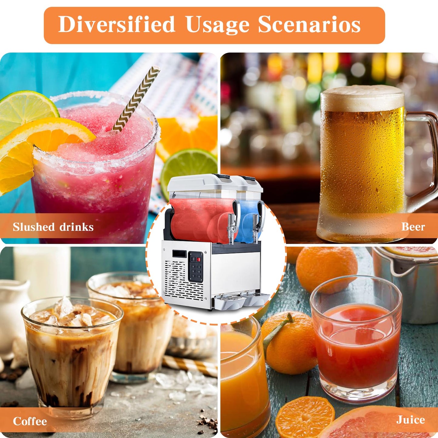 Dual-Tank 8L Frozen Drink, Slushie Maker, 370W Stainless Steel Commercial Machine for Home or Bar, Fast Cooling Margarita Maker with Digital Controls, Food-Safe PC Construction