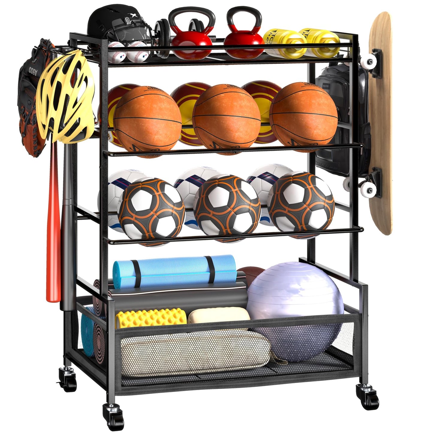 SOYEEZE Sports Equipment Organizer- Ball Storage for Garage,4 Tiers Outdoor Toy Storage,Soccer Racks,Basketball Shooting Training Stand Cart with Wheels and Hooks for Home-School and Gym Use