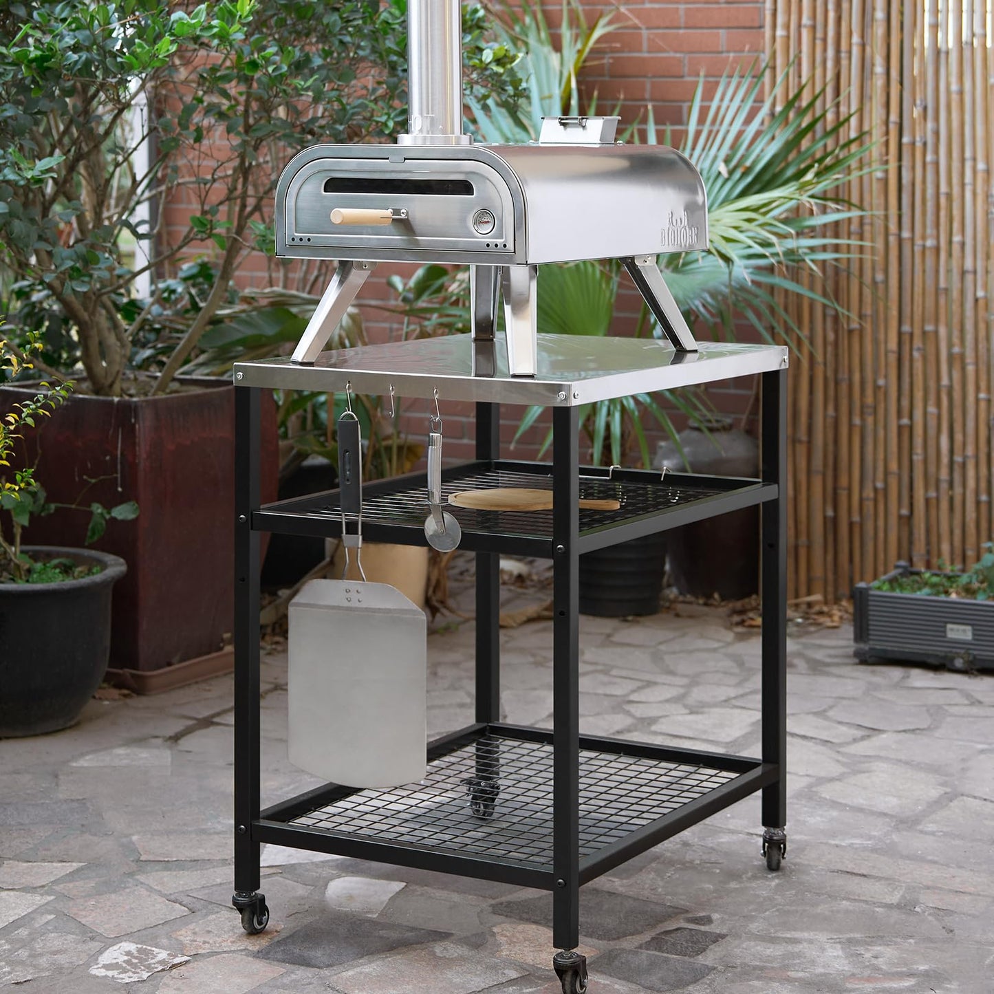 WEASHUME Stainless Steel Outdoor Grill Cart Pizza Oven Stand Trolley Table with Wheels Three-Shelf Movable Food Prep and Work Table Heavy Duty Grill Carts Outdoor Cart 31.5"×24"×35.5"