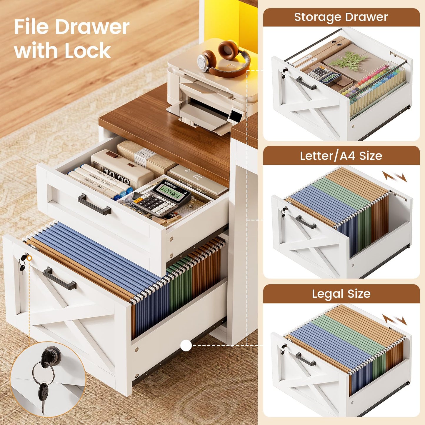 SEDETA L Shaped Desk with 2 Drawers, 65"x 59" Large Home Office Desk with Lockable File Drawer & Power Strip, Corner Desk with Storage & LED Strip, White + Brown