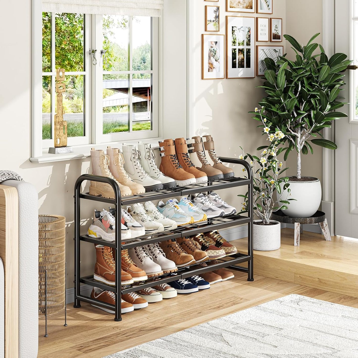 Simple Trending 3-Tier Expandable Shoe Rack - Stackable Metal Organizer for Closet & Entryway, Black