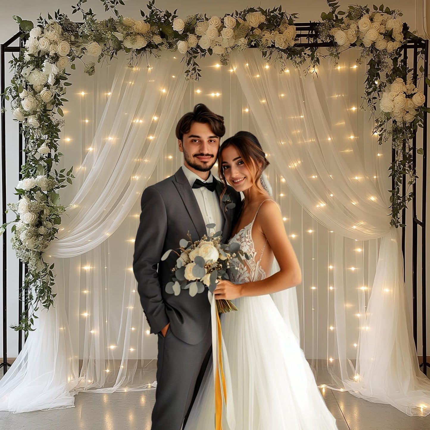 EMHOLDBU 10x8ft (2 White Tulle Backdrop Curtain with Lights String Sheer Drapes for Wedding, Birthday, Baby Shower