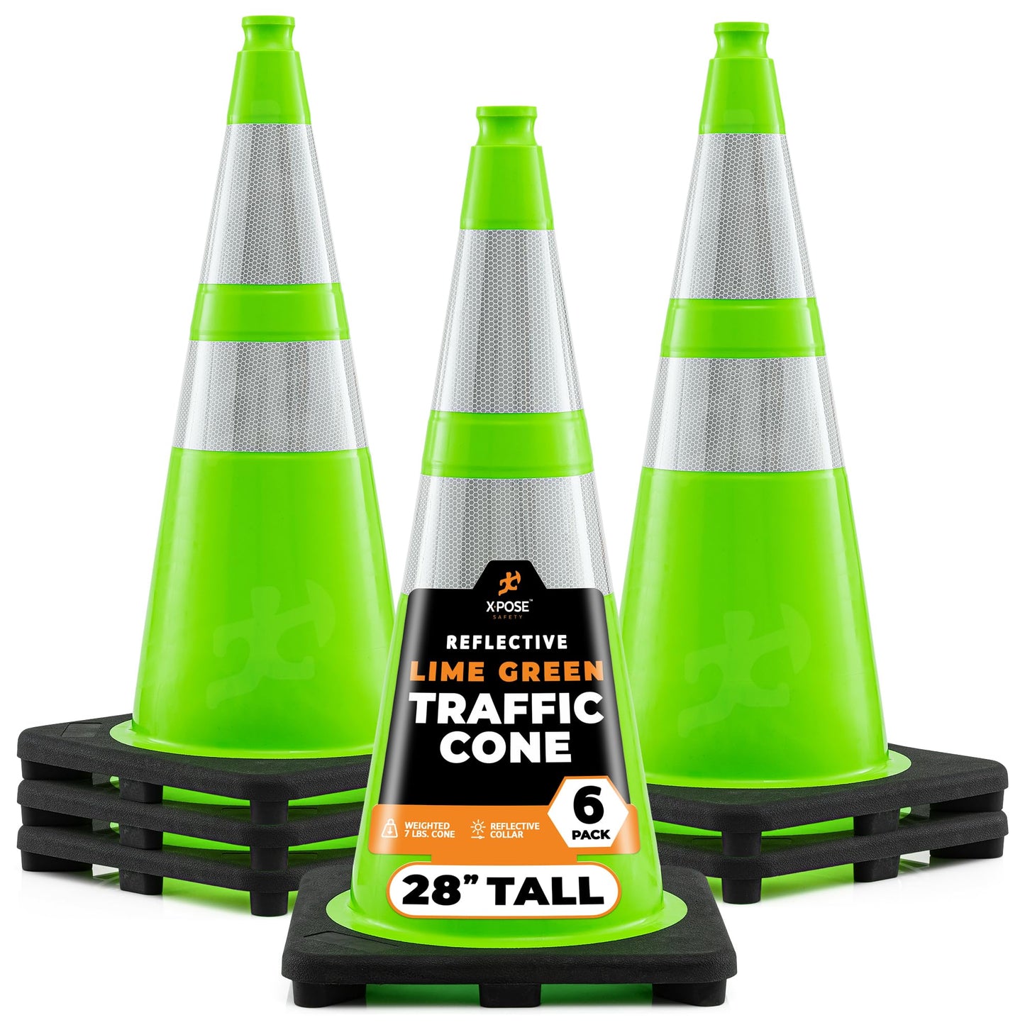 Xpose Safety 28” Lime Green Traffic Cone Dual 6" & 4" Reflective Collar – 6 Pack Multipurpose Premium PVC Safety Cone for Parking, Caution, Construction, Road Crews – Custom Stenciling Available