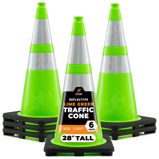 Xpose Safety 28” Lime Green Traffic Cone Dual 6" & 4" Reflective Collar – 6 Pack Multipurpose Premium PVC Safety Cone for Parking, Caution, Construction, Road Crews – Custom Stenciling Available