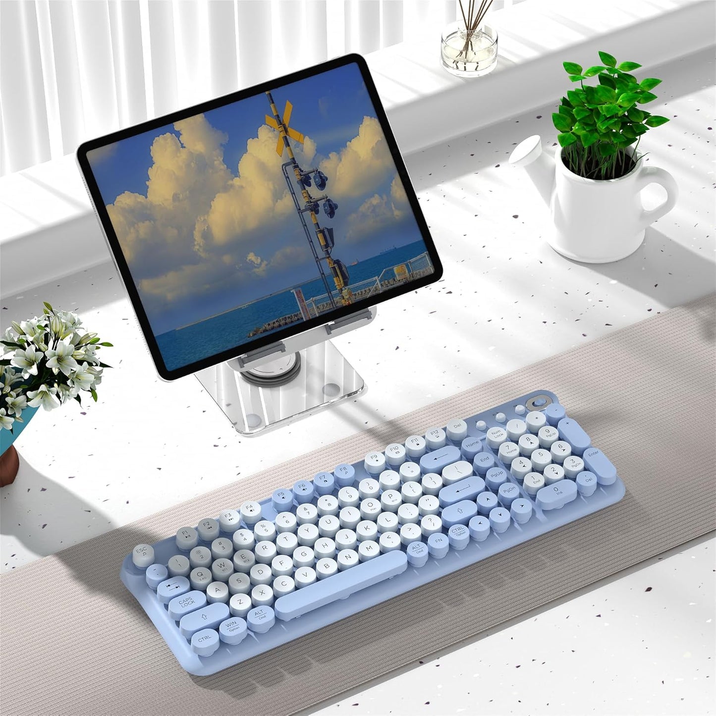COVEVA 2.4GHz Wireless Bluetooth Keyboard - Full Size Retro Round Typewriter Style Wireless Keyboard with & Bluetooth