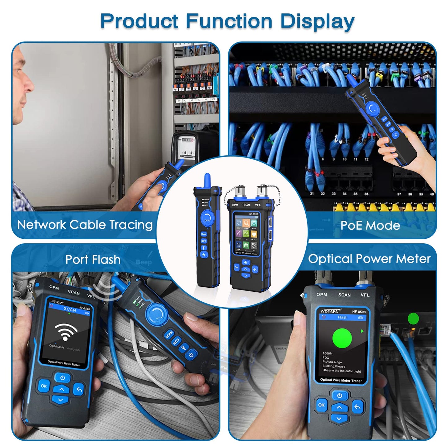 NOYAFA NF-8508 Network Cable Tester with Optical Power Meter, CAT5 CAT6 Cable Toner Ethernet Cable Tester, RJ45 Network Tester, VFL PoE QC Test Wire Tracer Port Flashing 200M Length Test