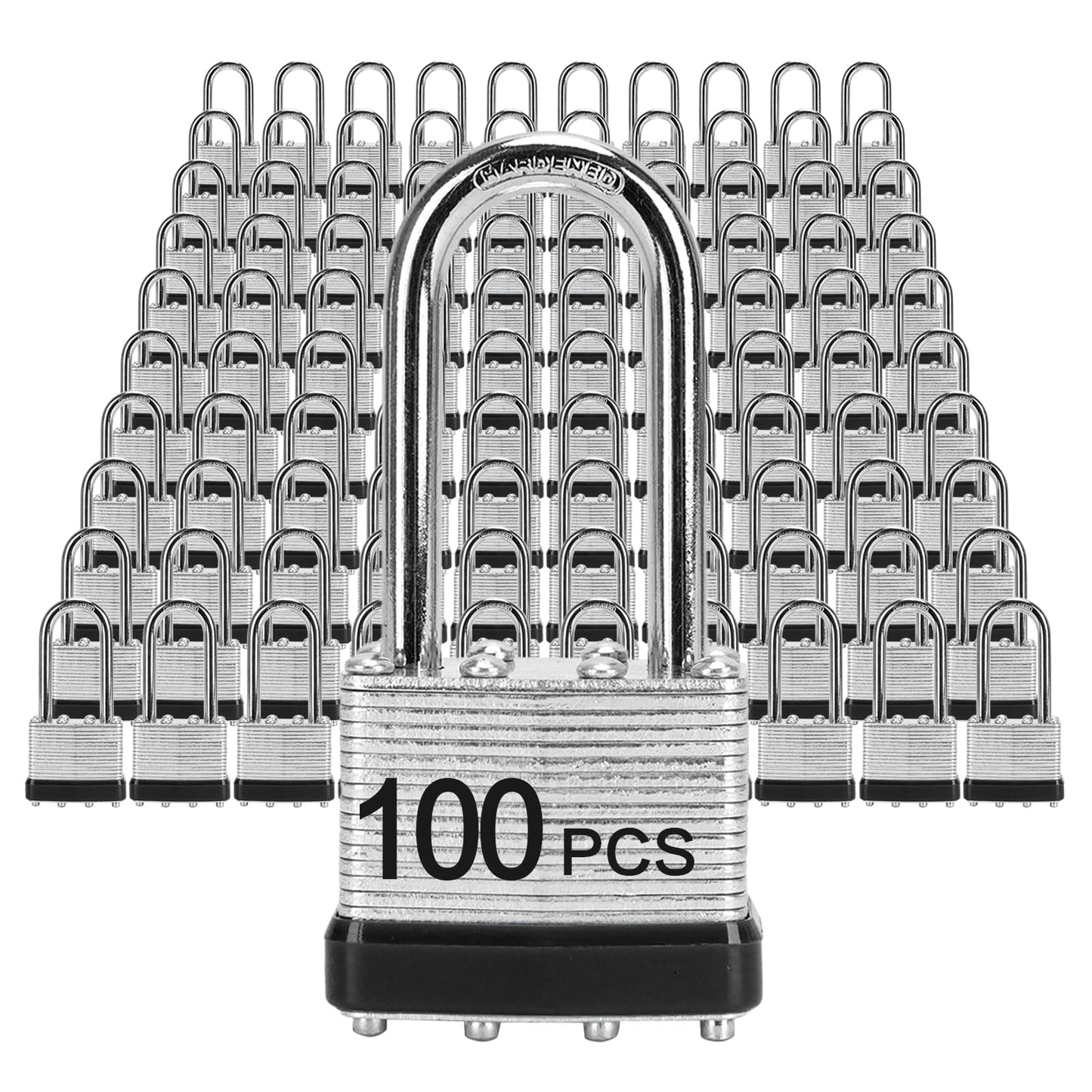 Padlocks with Same Key, LQYN 100 Pcs Laminated Keyed Padlock (1-9/16", 40mm), Keyed Alike Locks, Long Shackle, for Storage Locker, Hasp Latch, Toolbox, Sheds