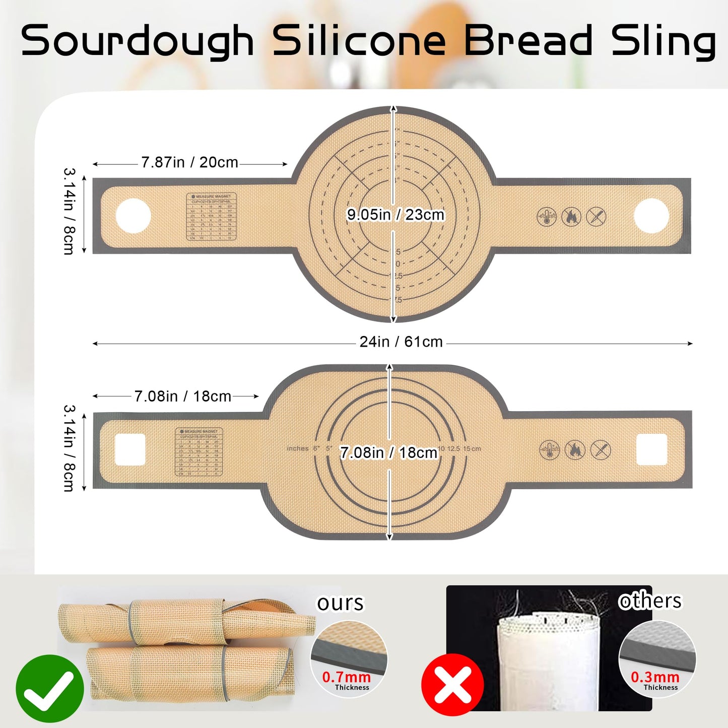 WNATN 2pcs Silicone Bread Sling for Dutch Oven, Non-Stick & Easy Clean Reusable Silicone Bread Baking Mat with Long Handles, Easy to Transfer Sourdough Bread(Grey), medium, Gray