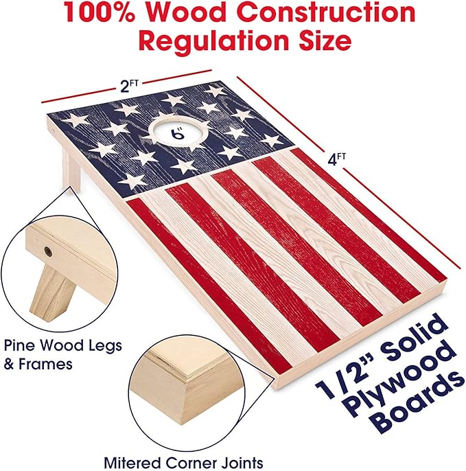 GoSports 4 x 2 ft Flag Series Wood Cornhole Sets – American Flag or State Flags – Includes 2 Regulation Size Boards, 8 Bean Bags, Carrying Case and Rules