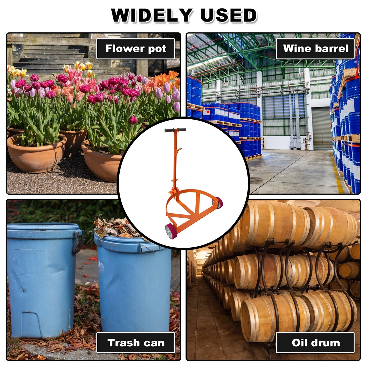 55 Gallon Drum Dolly Heavy Duty, 1200 lbs Capacity Barrel Cart with Adjustable Handle & Locking Caster, Low Profile Steel Drum Truck for Industrial, Warehouse, Workshop Use-Orange