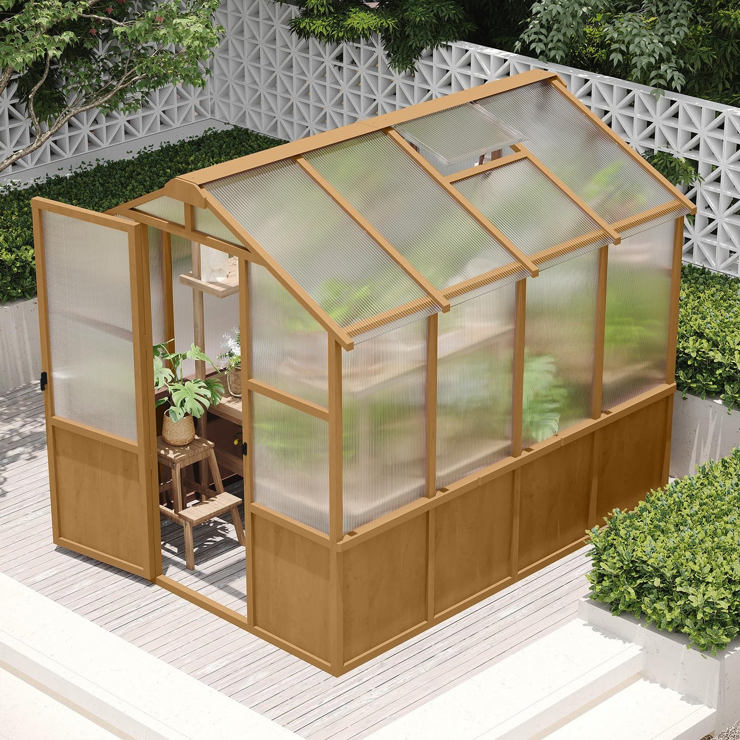 GDFStudio 6x8 FT Wooden Greenhouse for Outdoors, Walk-in Green House Kit with 6mm Polycarbonate Panels, Lockable Door, Adjustable Roof Vents, Outdoor Greenhouses for Garden Backyard Patio Lawn, Wood