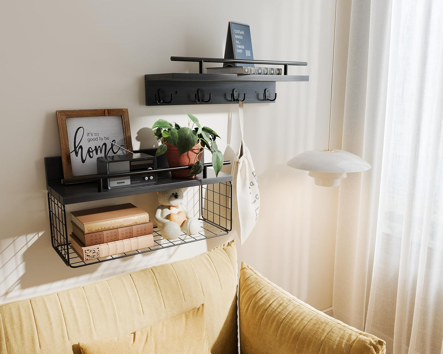Regine Switzerland Floating Shelves - Black Bathroom Wall Shelves Set of 2 with Basket & Hooks