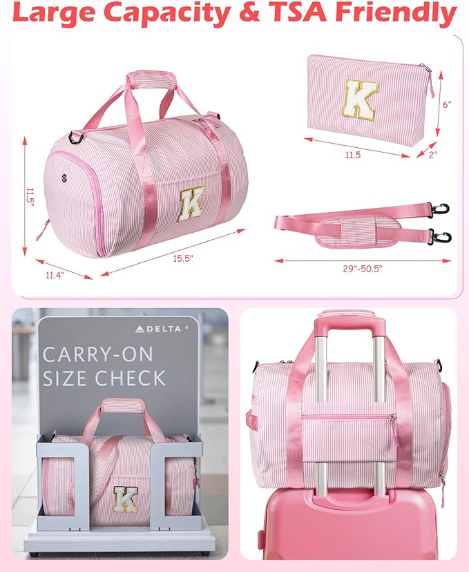 Gift for 5 6 7 8 9 Year Old Girls, Girl Gym Bag, Kids Initial Overnight Duffel Bags with Shoe Compartment, Personalized Travel Bag with Makeup Pouch, Dance Recital Gifts for Niece (Letter K)