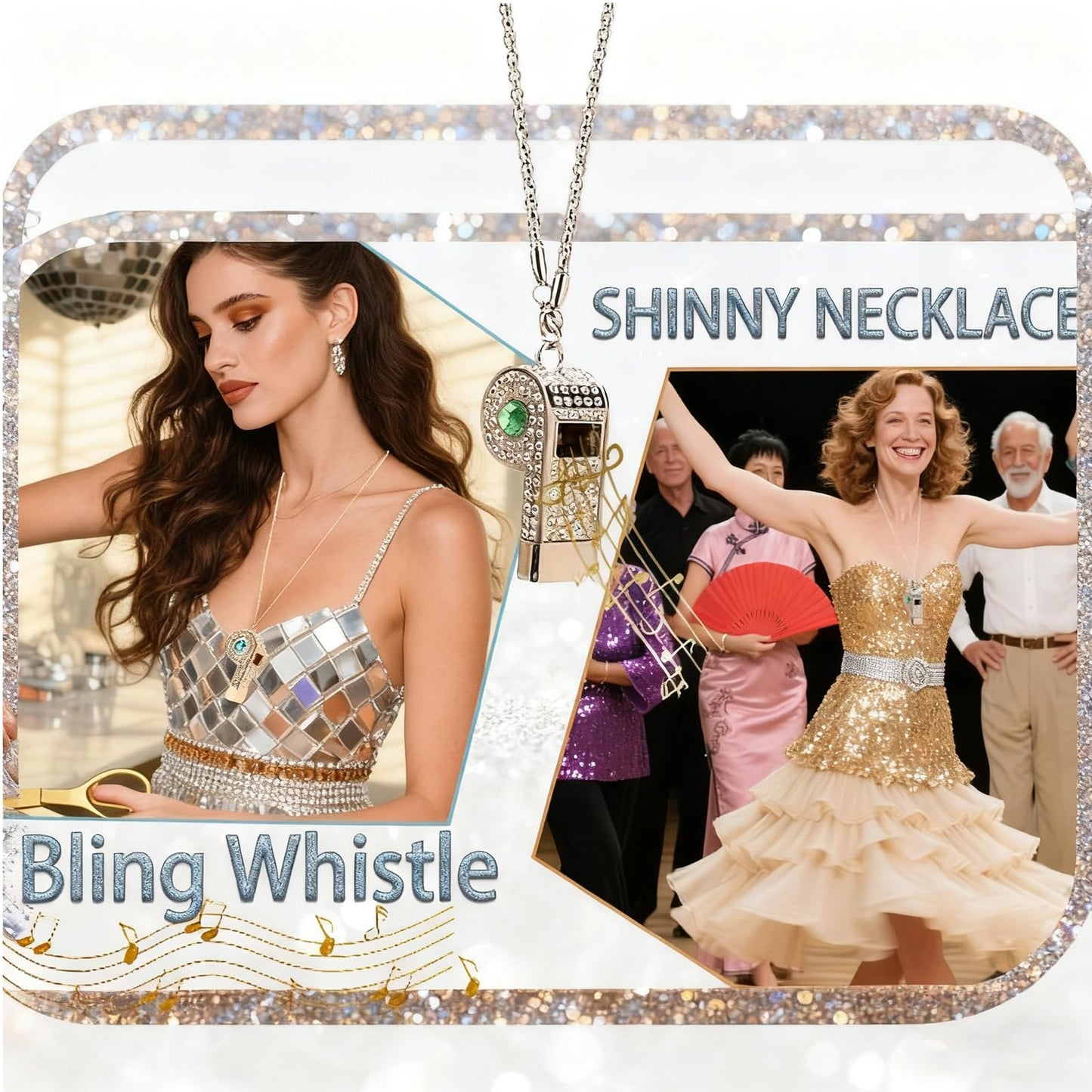 PCTC Shining Whistle,Crystal-Encrusted Metal Whistle with Decorative Chain Great for Referees, Coaches Party and Gift Accessory[Gold Exterior] (Red)